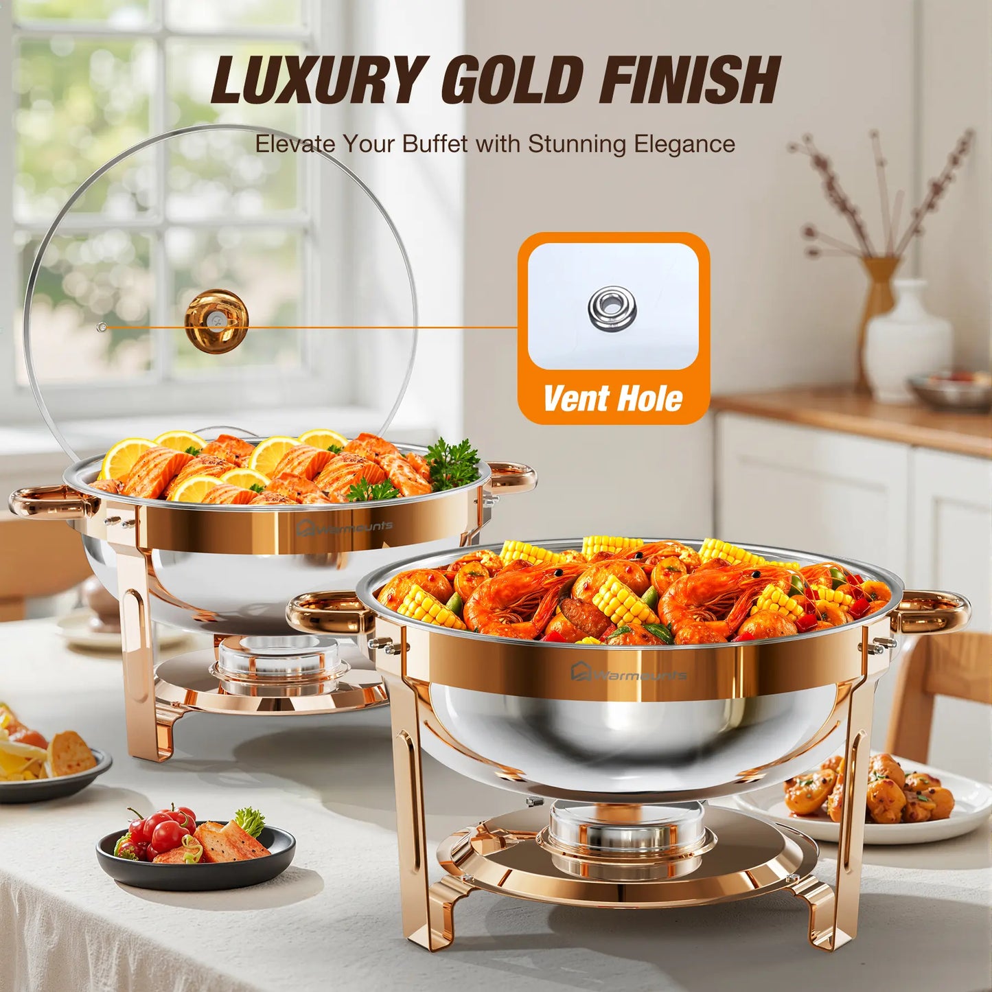 WARMOUNTS 5QT Rose Gold Chafing Dishes for Buffet with Glass Lid , round Chafers and Buffet Warmers Set with Mirror-Polished Stainless Steel, Rolled Rim, Stackable, Lid Holder for Parties, Weddings(2/4 Pack）
