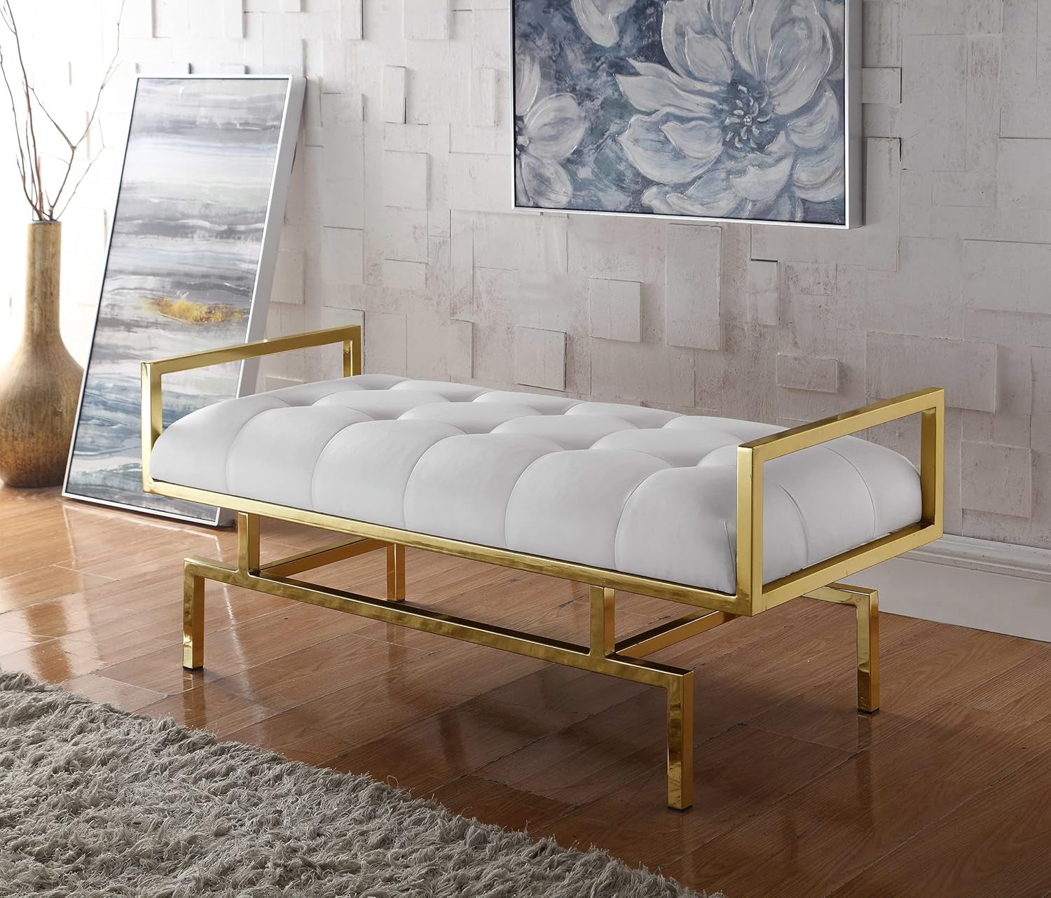 Bruno PU Leather Modern Contemporary Tufted Seating Goldtone Metal Leg Bench, White