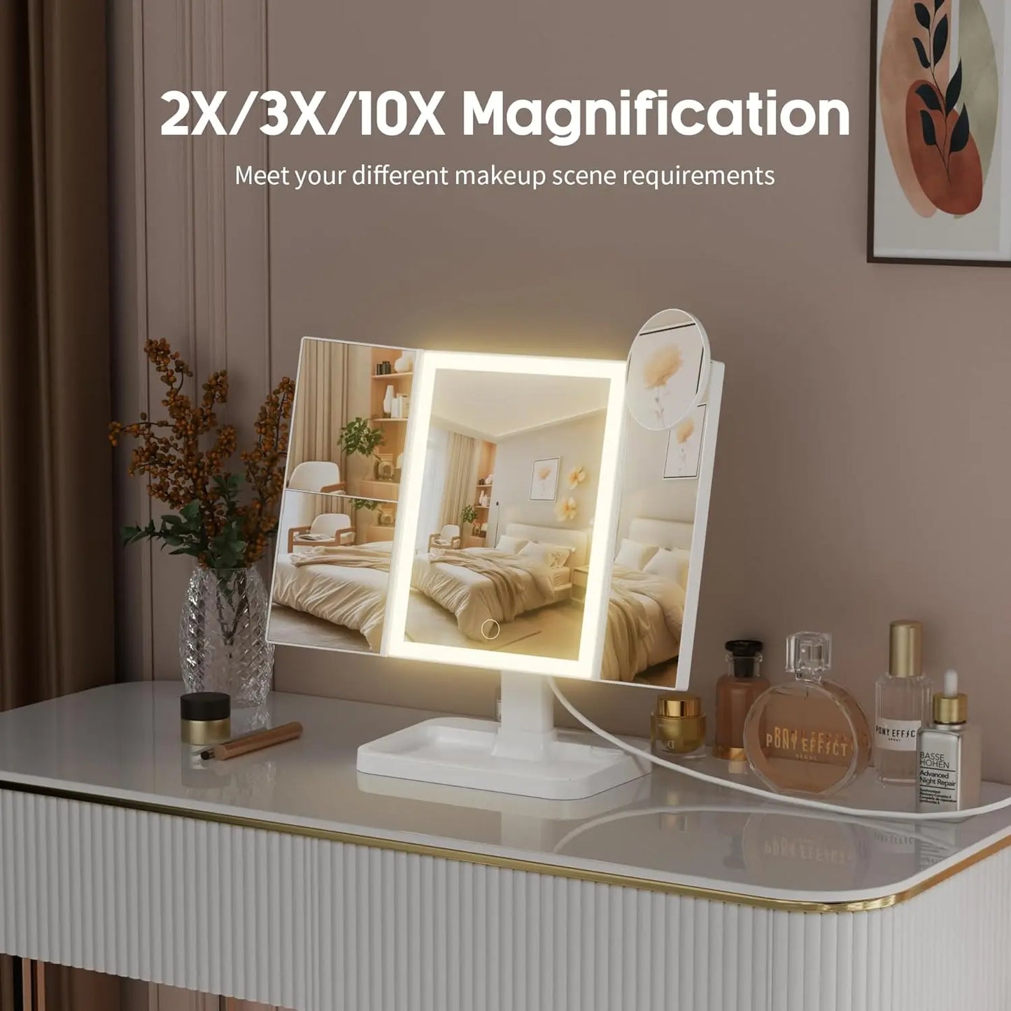 Portable LED Light Makeup Mirror, Lightedmakeup Mirror, Mirror with Lights, 3-Foldfoldable Rechargeable Mirror with 2X 3X &10X Magnification, Touch Control Mirror Fortravel & Bedroom Use, Rechargeable Trifoldmirror