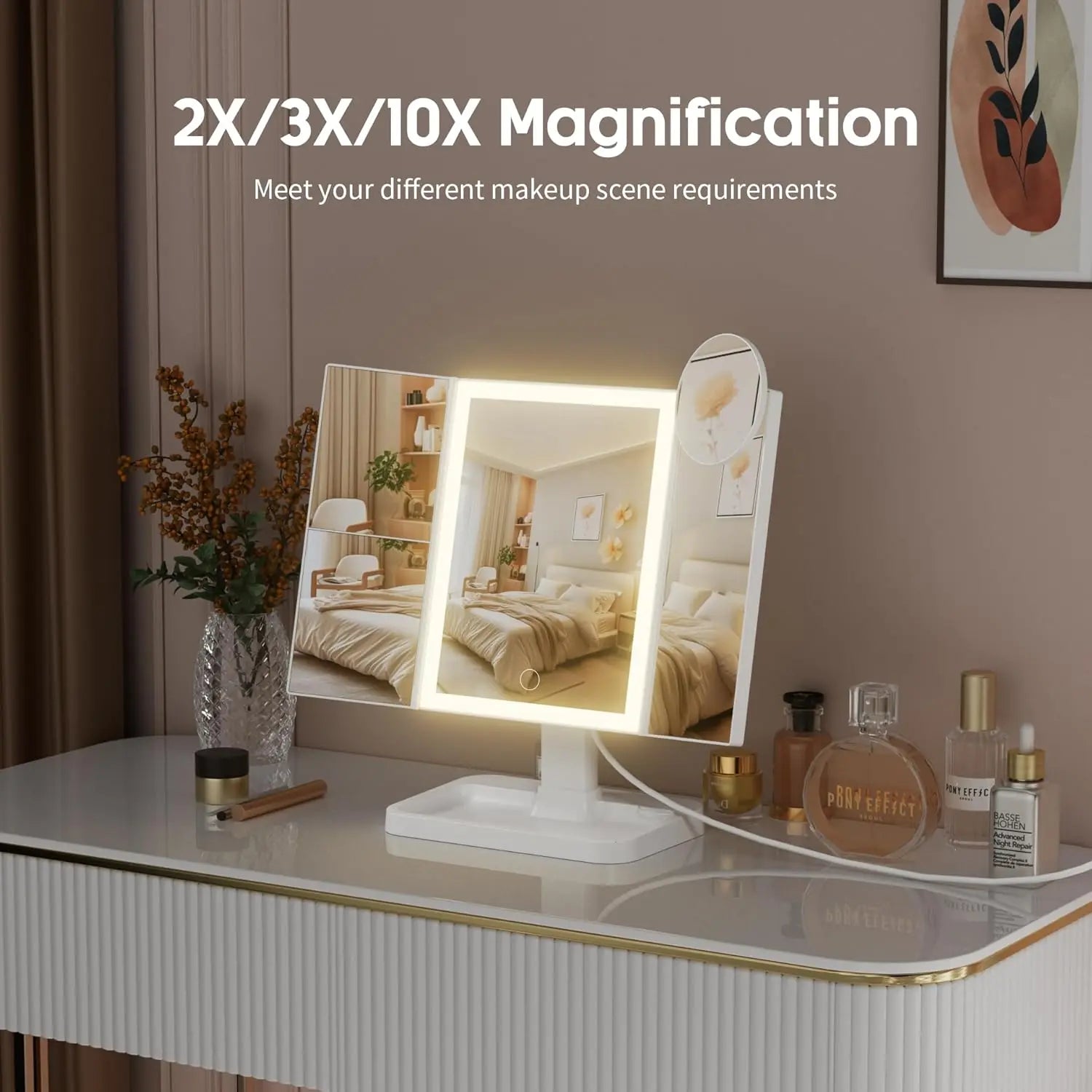 Portable LED Light Makeup Mirror, Lightedmakeup Mirror, Mirror with Lights, 3-Foldfoldable Rechargeable Mirror with 2X 3X &10X Magnification, Touch Control Mirror Fortravel & Bedroom Use, Rechargeable Trifoldmirror