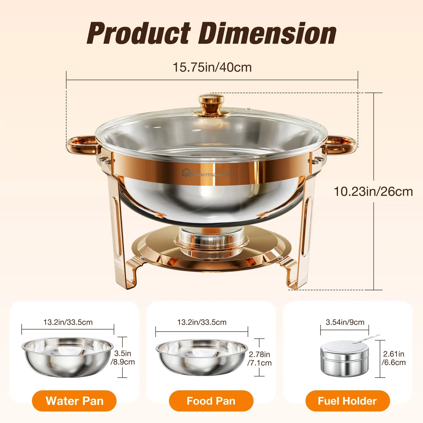WARMOUNTS 5QT Rose Gold Chafing Dishes for Buffet with Glass Lid , round Chafers and Buffet Warmers Set with Mirror-Polished Stainless Steel, Rolled Rim, Stackable, Lid Holder for Parties, Weddings(2/4 Pack）
