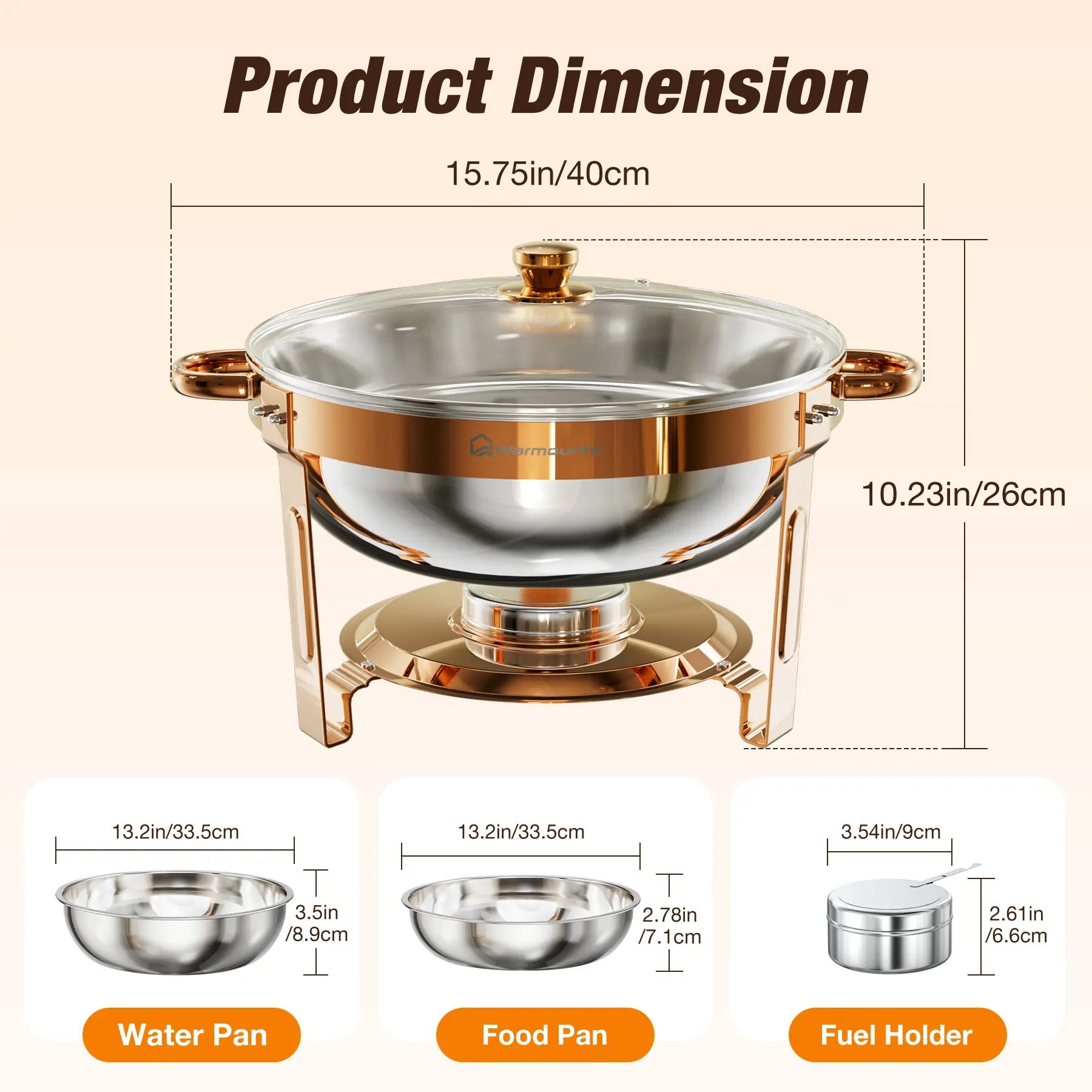 WARMOUNTS 5QT Rose Gold Chafing Dishes for Buffet with Glass Lid , round Chafers and Buffet Warmers Set with Mirror-Polished Stainless Steel, Rolled Rim, Stackable, Lid Holder for Parties, Weddings(2/4 Pack）