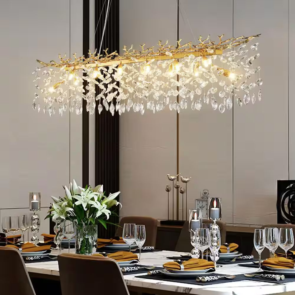 47.2 In. Modern 14-Lights Gold Luxury Crystal Linear Chandelier for Dining Room