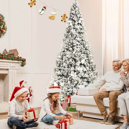 8 Feet Snow Flocked Hinged Christmas Tree with Berries and Poinsettia Flowers-1