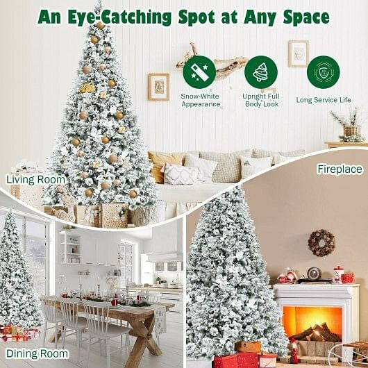 8 Feet Snow Flocked Hinged Christmas Tree with Berries and Poinsettia Flowers-3