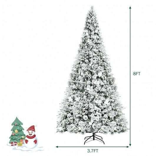 8 Feet Snow Flocked Hinged Christmas Tree with Berries and Poinsettia Flowers-4