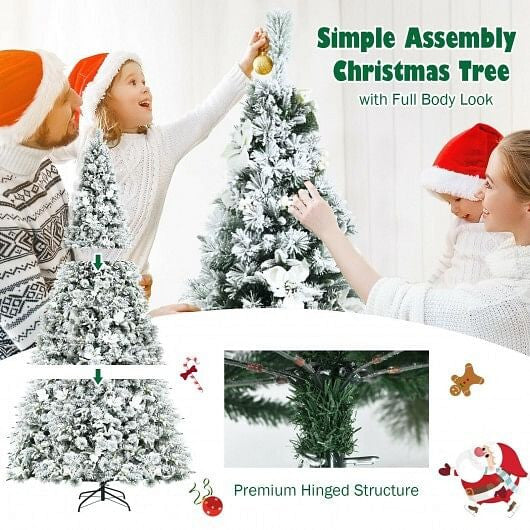 8 Feet Snow Flocked Hinged Christmas Tree with Berries and Poinsettia Flowers-2