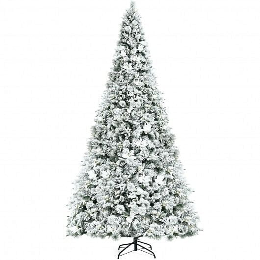 8 Feet Snow Flocked Hinged Christmas Tree with Berries and Poinsettia Flowers-0