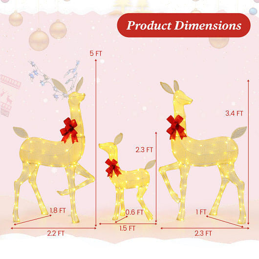 3 Pieces Family Deer Set with LED Lights with Flashing Lights