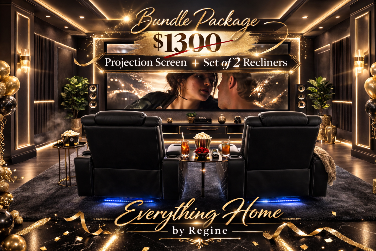 Projection Screen + Set of 2 Luxury Recliners-Bundle Package