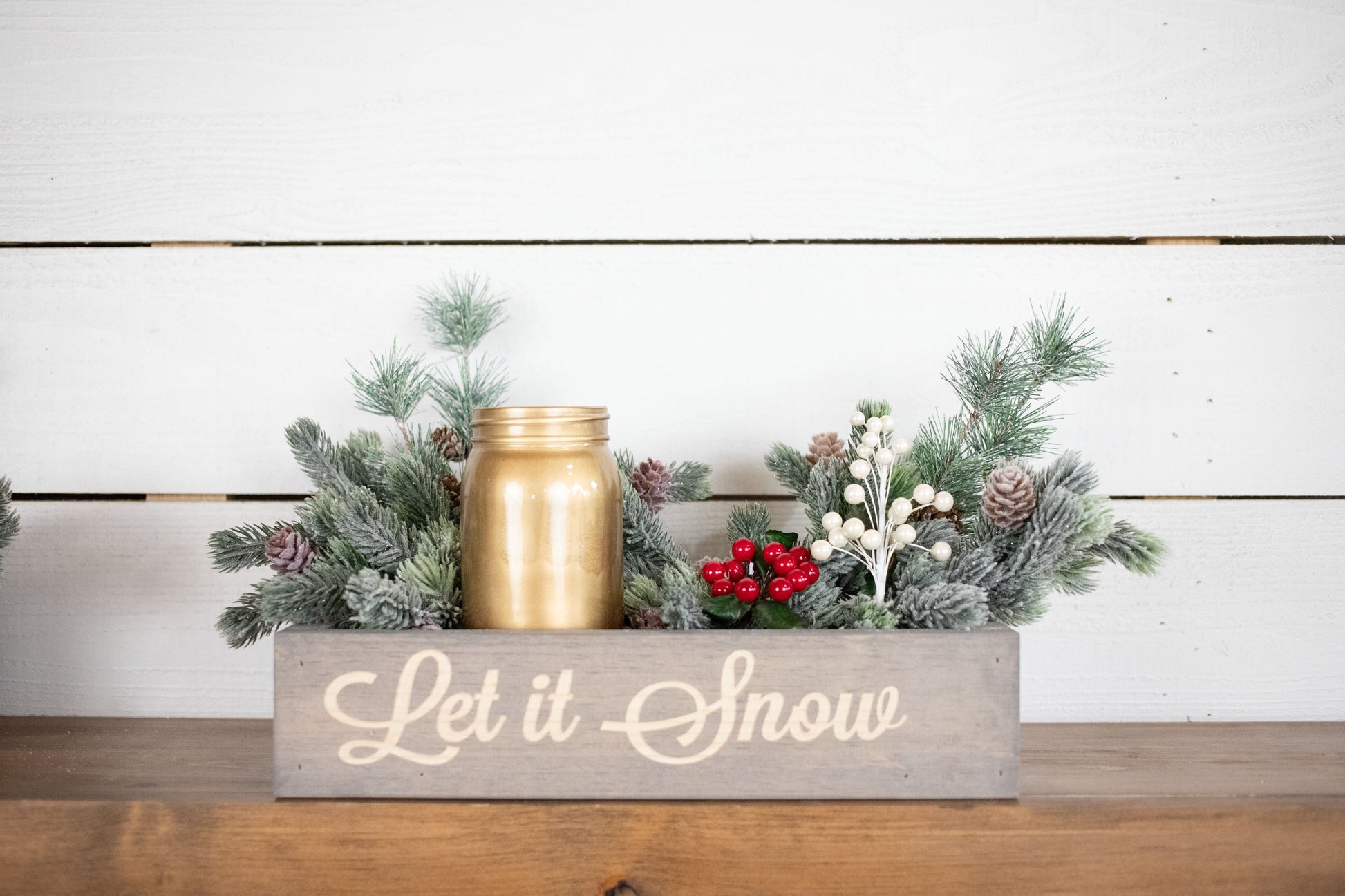 Merry + Bright Christmas Centerpiece, Engraved Wood Box with Christmas Greenery-1
