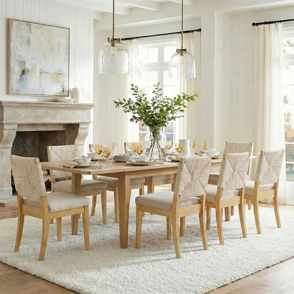 9-Piece 63"-95" Extendable Solid Oak Dining Set With 8 Woven Chairs