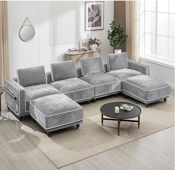 Modular Sectional U-Shaped Couch with 2 Movable Ottoman Chenille Black