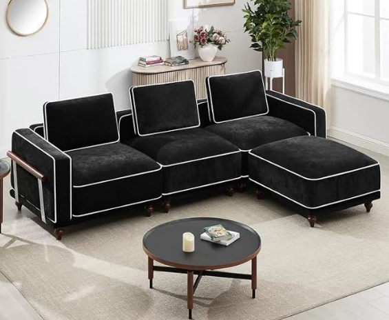 Modular Sectional U-Shaped Couch with 2 Movable Ottoman Chenille Black