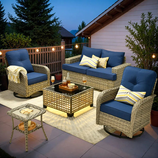 Wicker/Rattan 4 - Person Seating Group with Swivel Chairs and Cushions LED Coffee Table