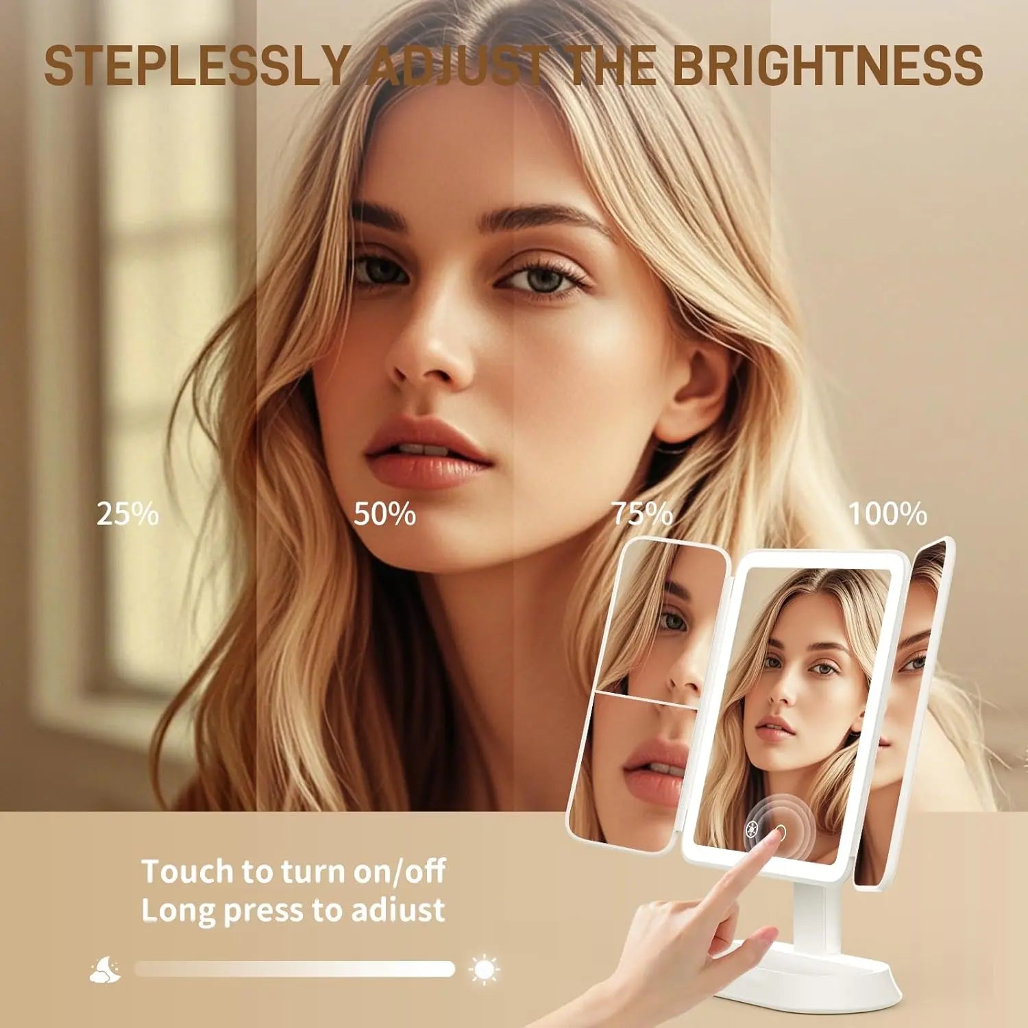 Portable LED Light Makeup Mirror, Lightedmakeup Mirror, Mirror with Lights, 3-Foldfoldable Rechargeable Mirror with 2X 3X &10X Magnification, Touch Control Mirror Fortravel & Bedroom Use, Rechargeable Trifoldmirror