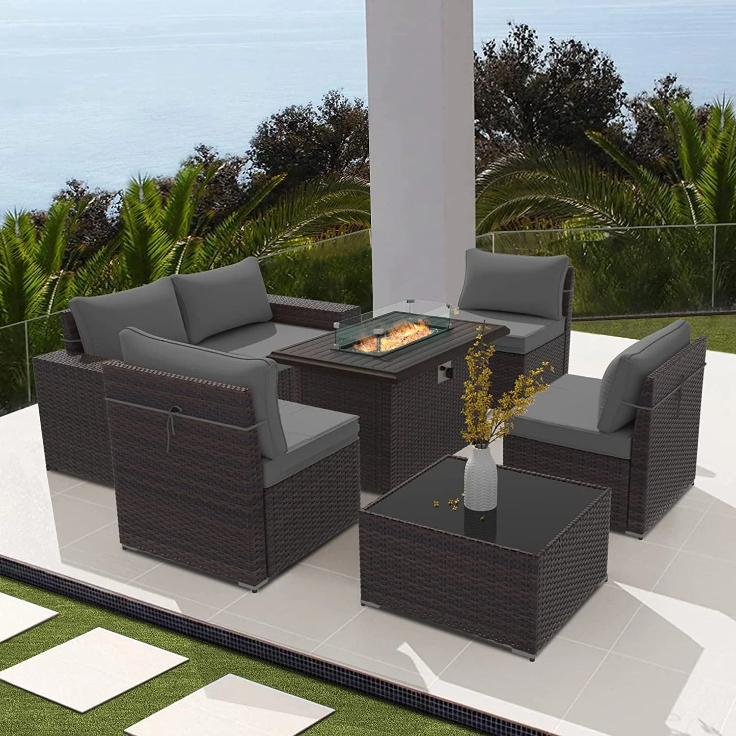 $899 13 PCS Outdoor Rattan Wicker Patio Furniture Set with Fire Pit Table & Swivel Rocking Chairs
