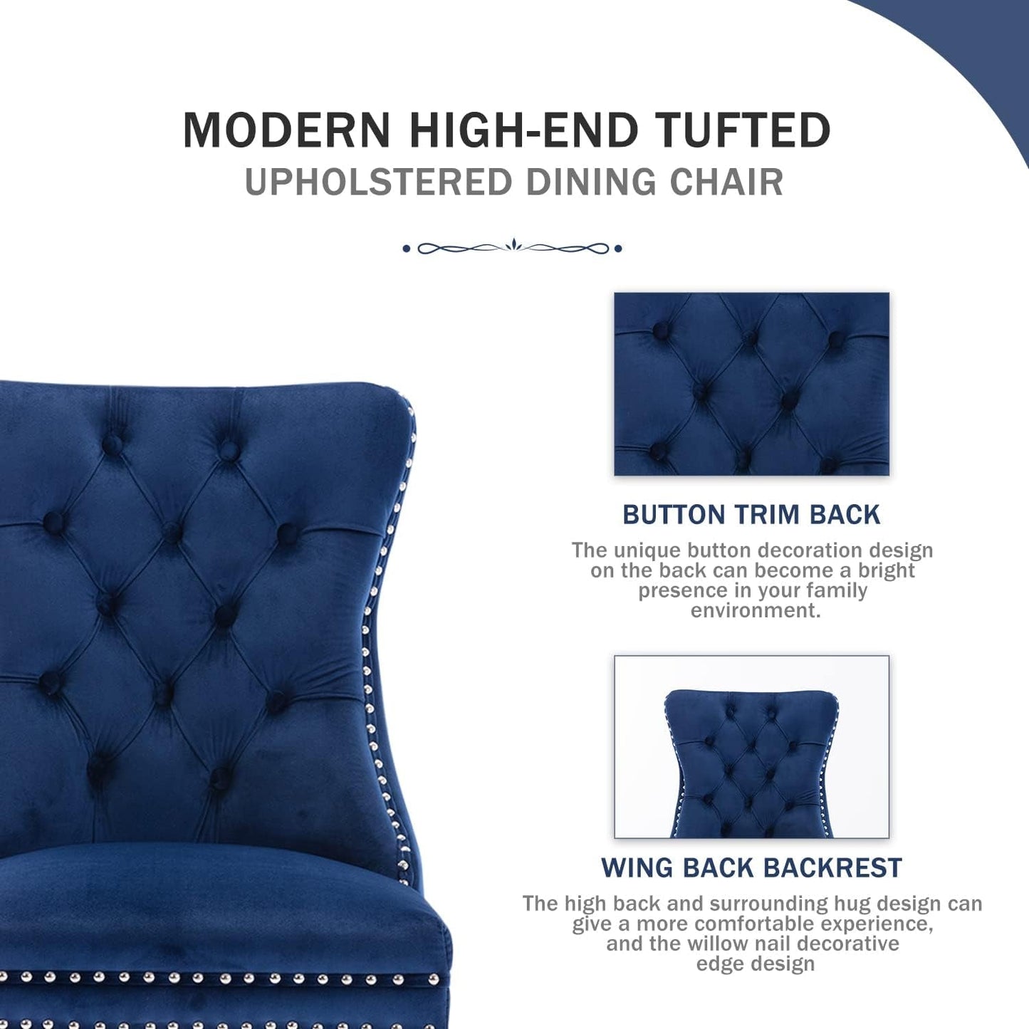 Velvet Dining Chairs Set of 4, Upholstered Dining Chair with Nailhead Trim and Solid Wood Legs, Navy Luxury Wingback Dining Side Chair for Living Room, Bedroom, Kitchen-1
