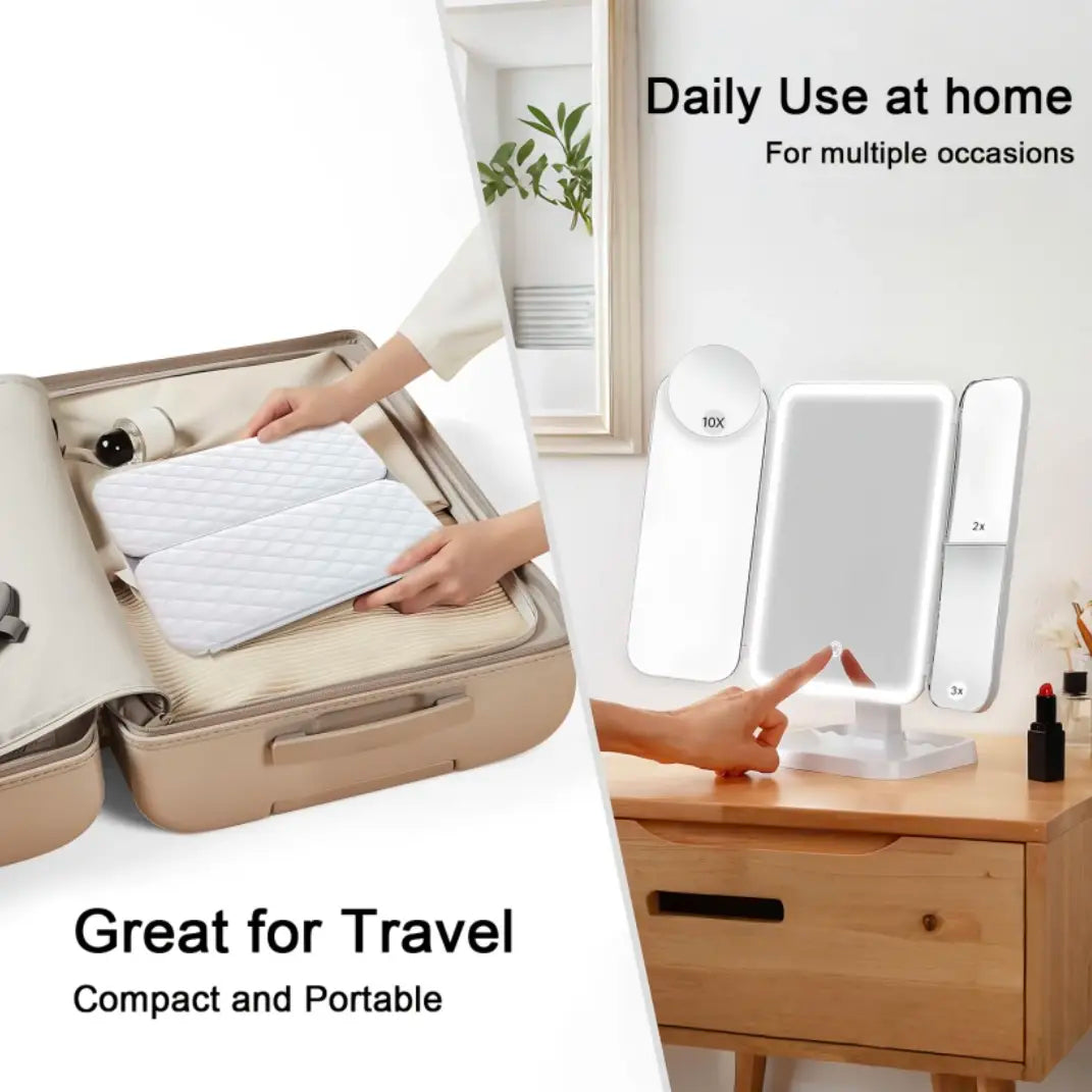 Portable LED Light Makeup Mirror, Lightedmakeup Mirror, Mirror with Lights, 3-Foldfoldable Rechargeable Mirror with 2X 3X &10X Magnification, Touch Control Mirror Fortravel & Bedroom Use, Rechargeable Trifoldmirror