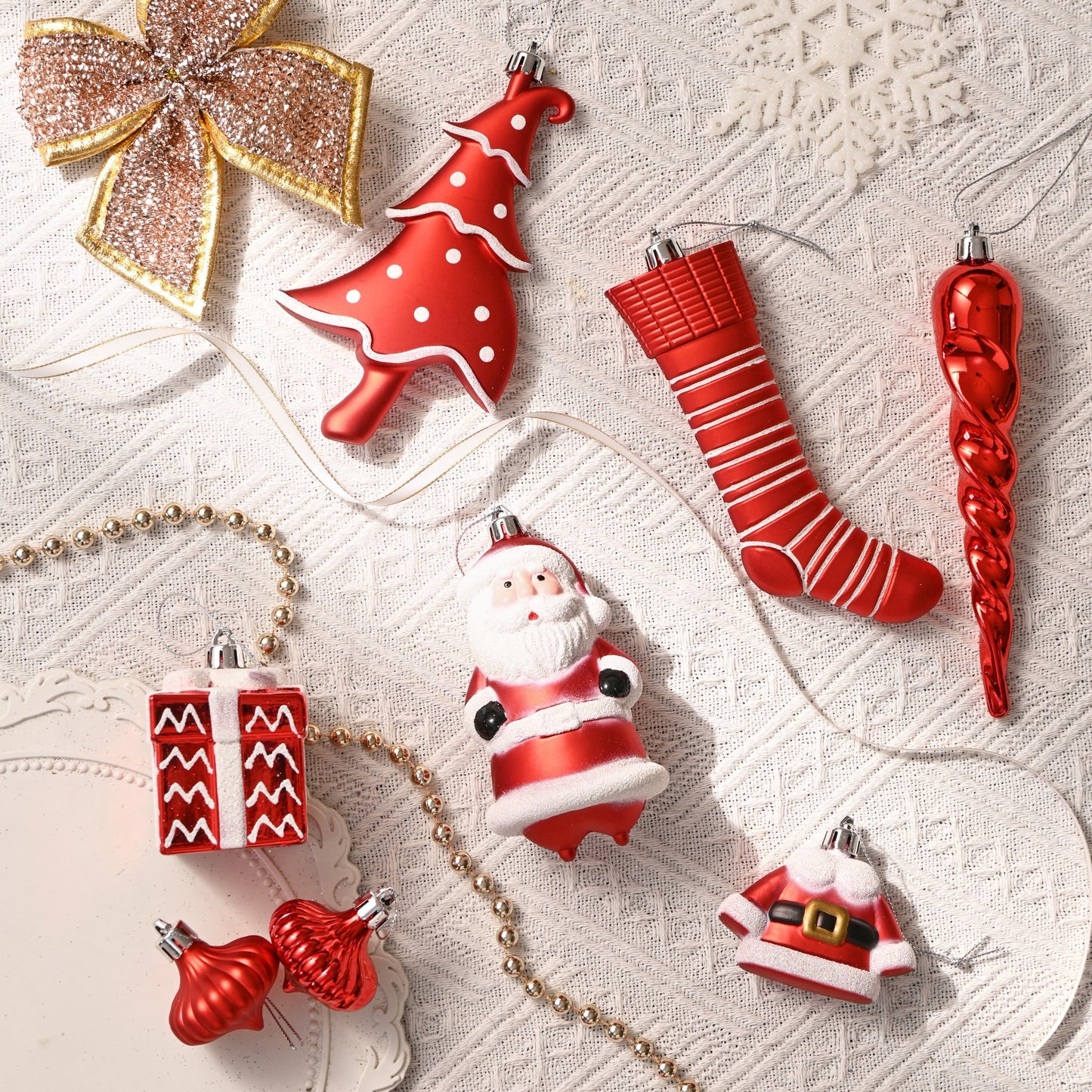 155Ct Christmas Ornaments Set, Red White Shatterproof Ornaments for Xmas Party Decor