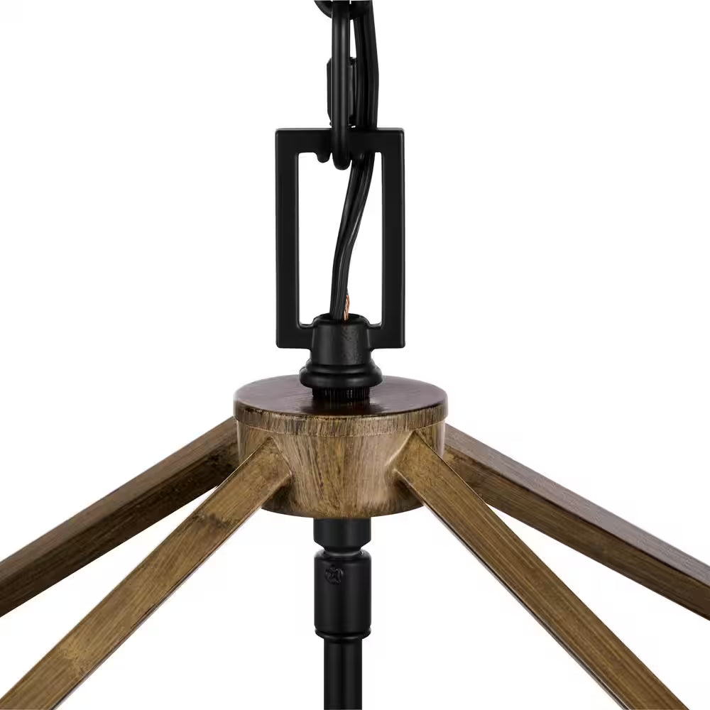 Weyburn 6-Light Black and Faux Wood Farmhouse Chandelier Light Fixture with Caged Metal Shade