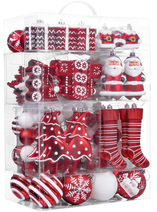 155Ct Christmas Ornaments Set, Red White Shatterproof Ornaments for Xmas Party Decor