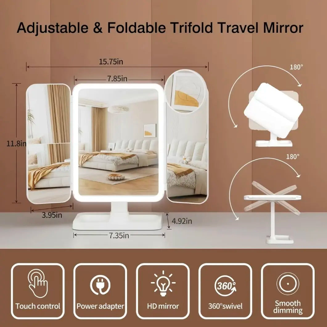 Portable LED Light Makeup Mirror, Lightedmakeup Mirror, Mirror with Lights, 3-Foldfoldable Rechargeable Mirror with 2X 3X &10X Magnification, Touch Control Mirror Fortravel & Bedroom Use, Rechargeable Trifoldmirror