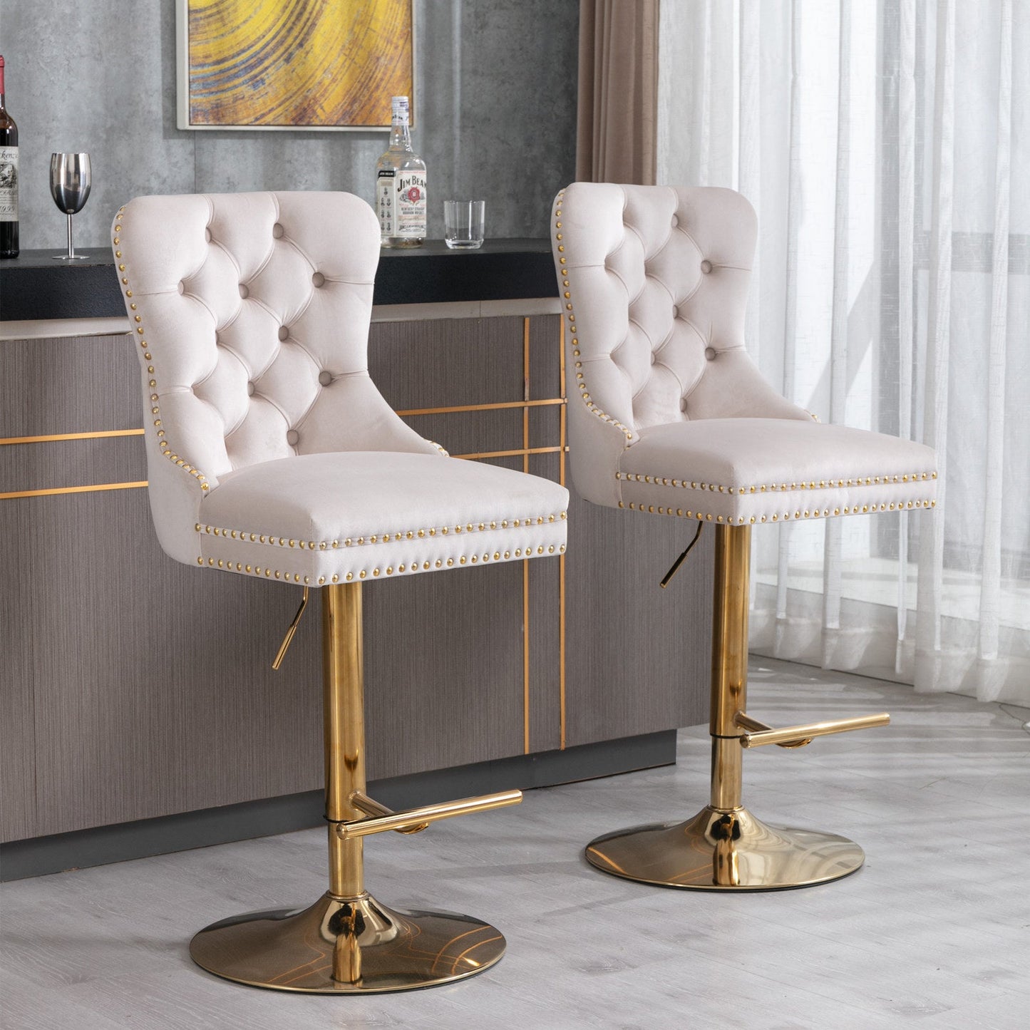 Set of 2 Thick Golden Swivel Velvet Barstools