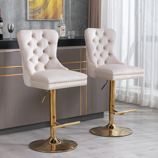 Set of 2 Thick Golden Swivel Velvet Barstools