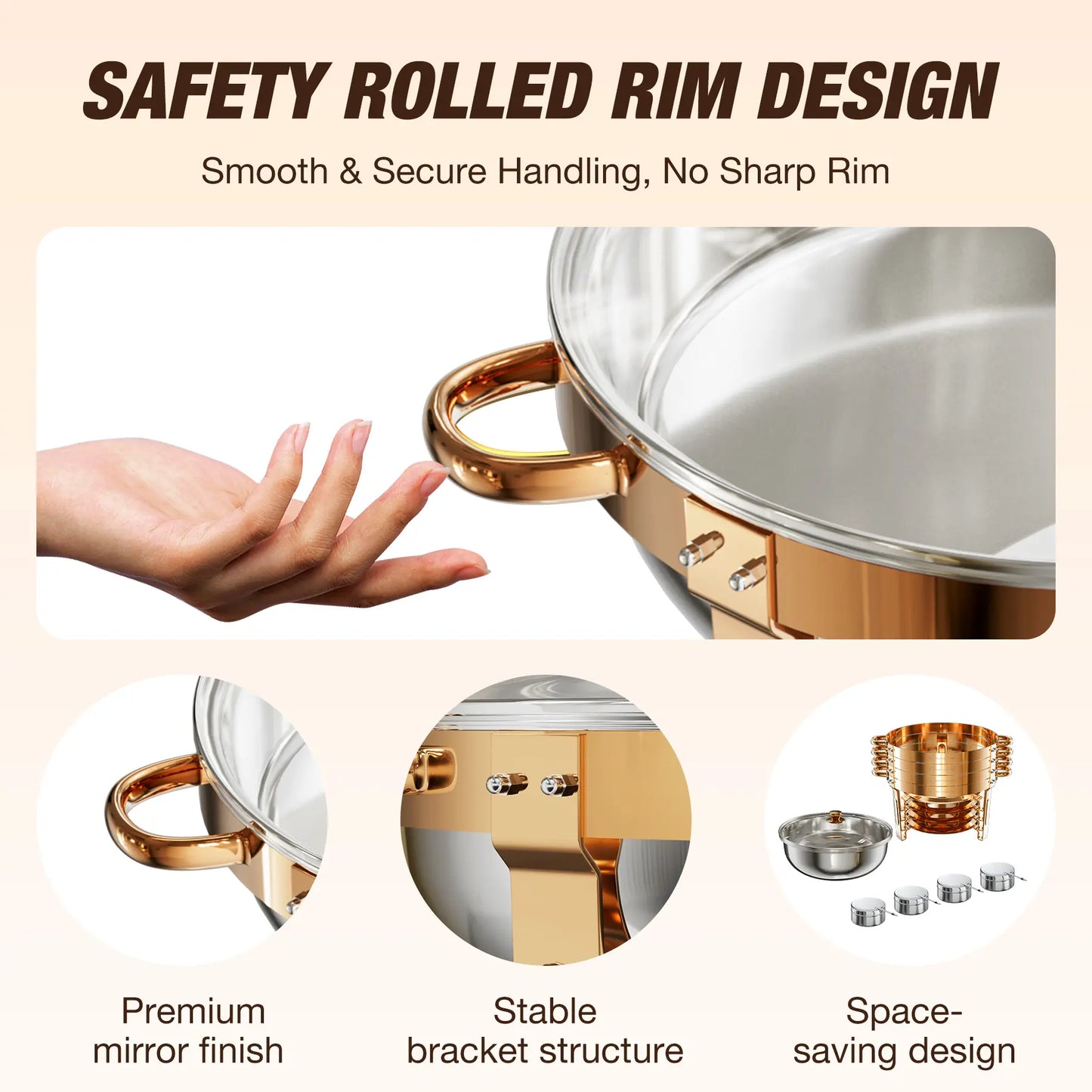 WARMOUNTS 5QT Rose Gold Chafing Dishes for Buffet with Glass Lid , round Chafers and Buffet Warmers Set with Mirror-Polished Stainless Steel, Rolled Rim, Stackable, Lid Holder for Parties, Weddings(2/4 Pack）