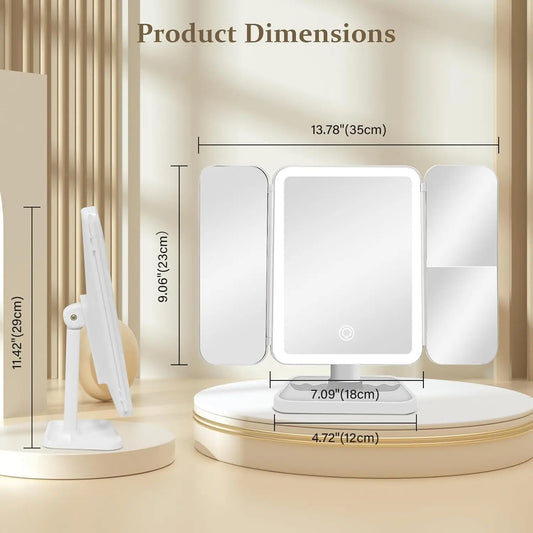Portable LED Light Makeup Mirror, Lightedmakeup Mirror, Mirror with Lights, 3-Foldfoldable Rechargeable Mirror with 2X 3X &10X Magnification, Touch Control Mirror Fortravel & Bedroom Use, Rechargeable Trifoldmirror