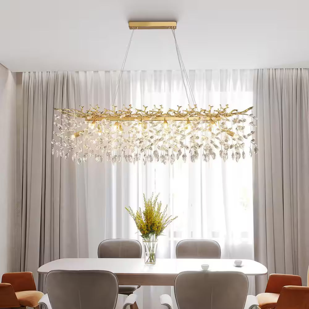 47.2 In. Modern 14-Lights Gold Luxury Crystal Linear Chandelier for Dining Room