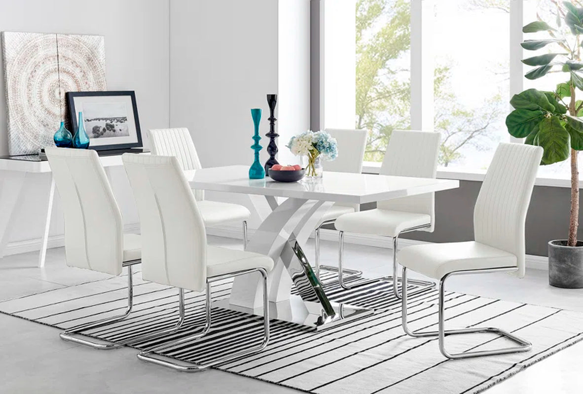 Edzard Chrome & White High Gloss Dining Table Set with 6 Luxury Faux Leather Dining Chairs